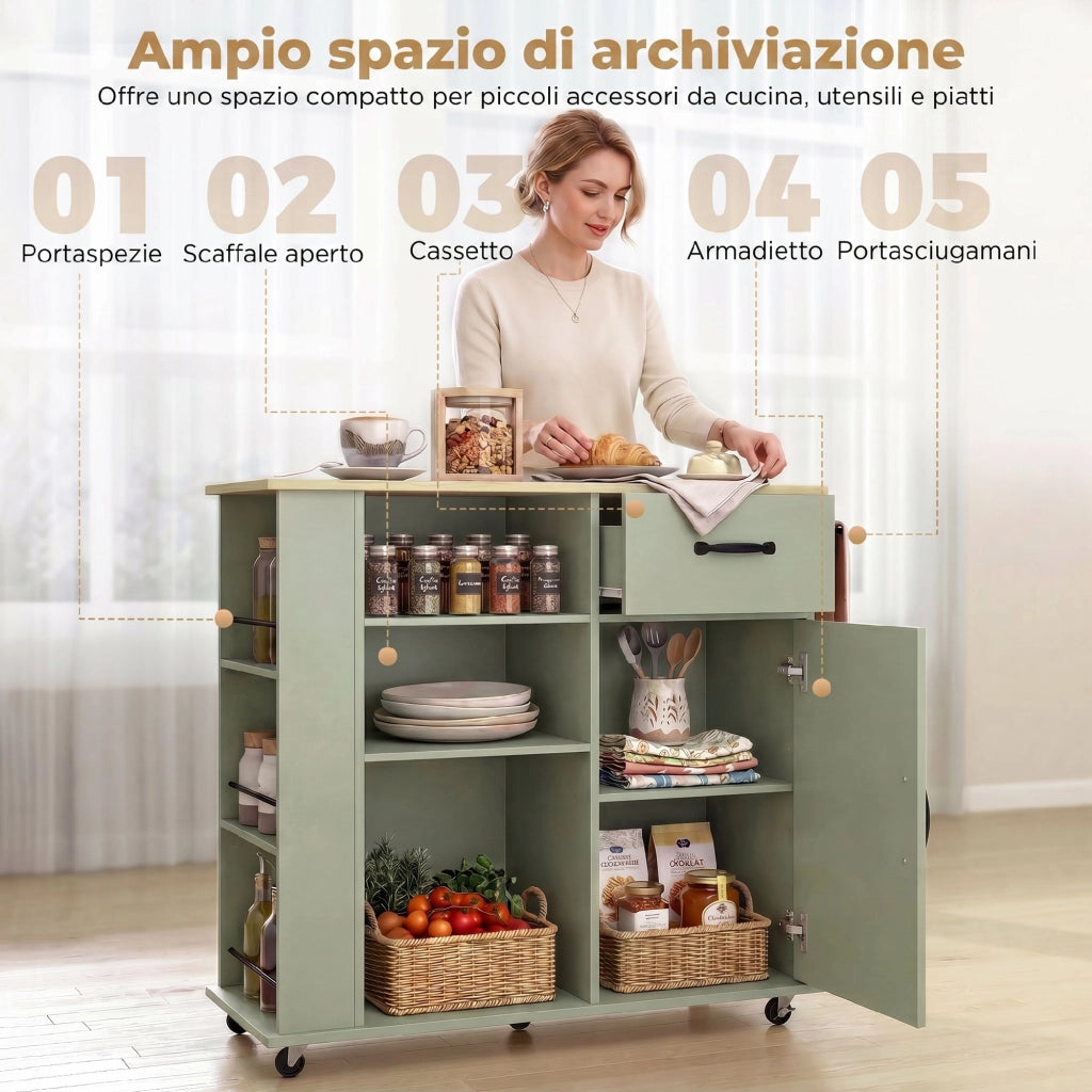 Mobile Cucina con Cassetto, Armadietto e Ripiano Regolabile, Verde Chiaro