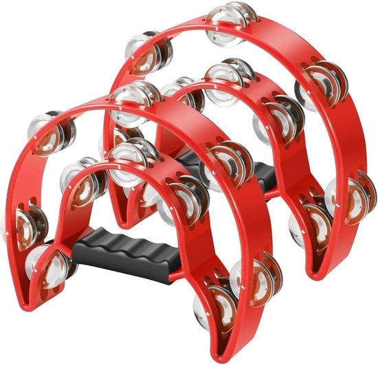 Tamburello manuale 25 cm gru manuale - 2-pack strumento musicale a tamburo con manico doppia riga di grucce - rosso