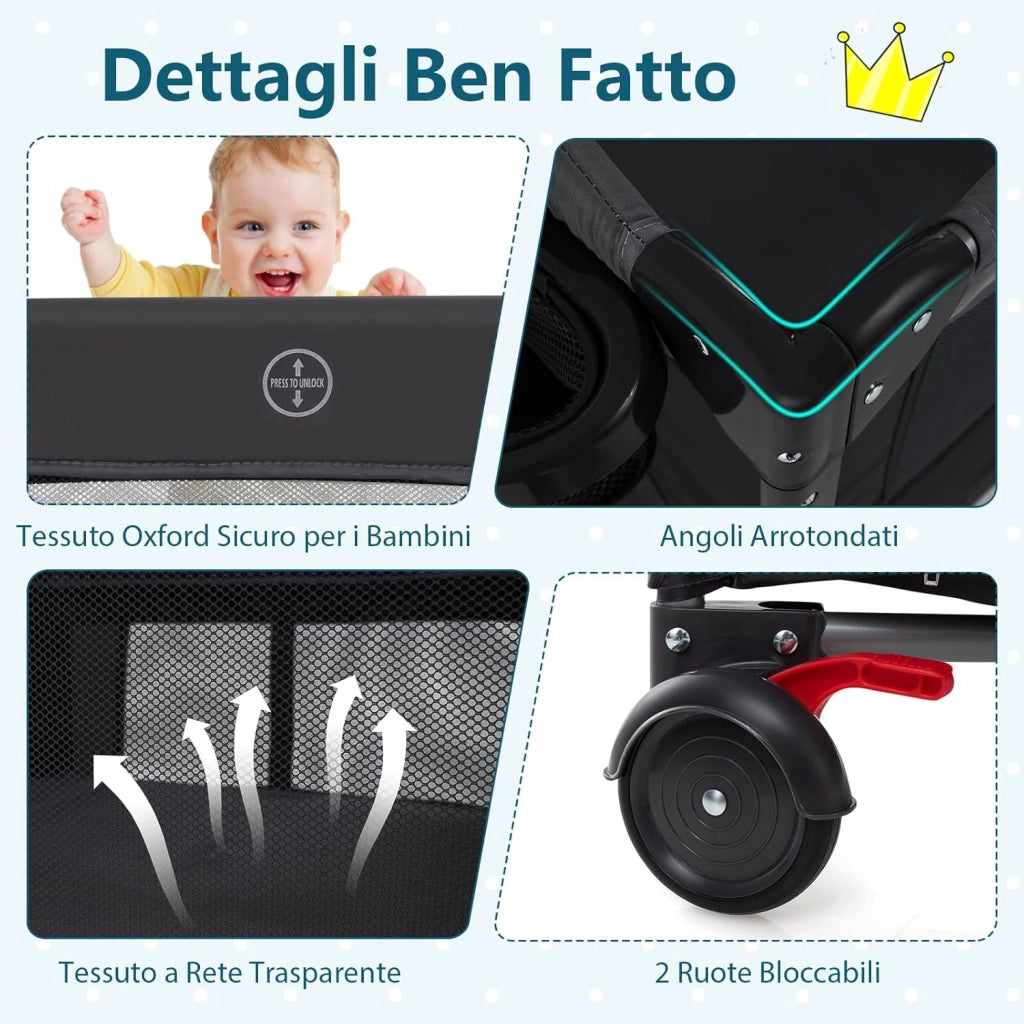Lettino da Viaggio Pieghevole, Culla Portatile per Bambini, Lettino per Bambini con 4 Altezze Regolabili, Fasciatoio, Materasso, Box Bambini, per Bambini 0-3 Anni
