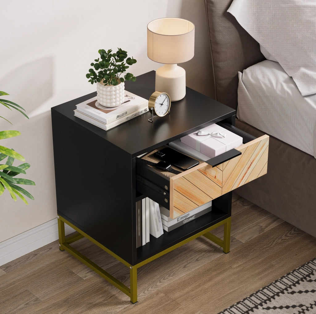 Comodino 43x40x55 cm con cassetto e vano aperto in MDF nero e naturale