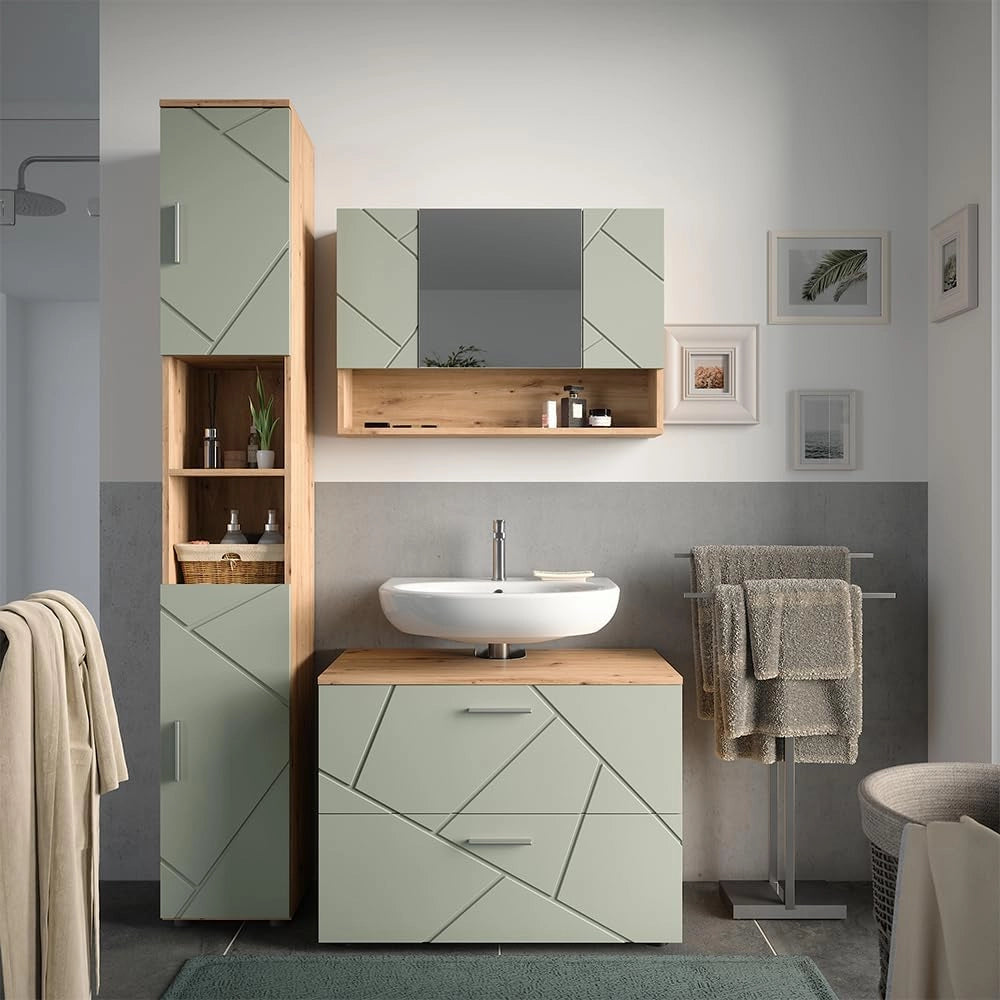 Set di mobili da bagno Irma, Verde salvia, 80 cm, composto da mobile sottolavabo, specchiera e colonna alta