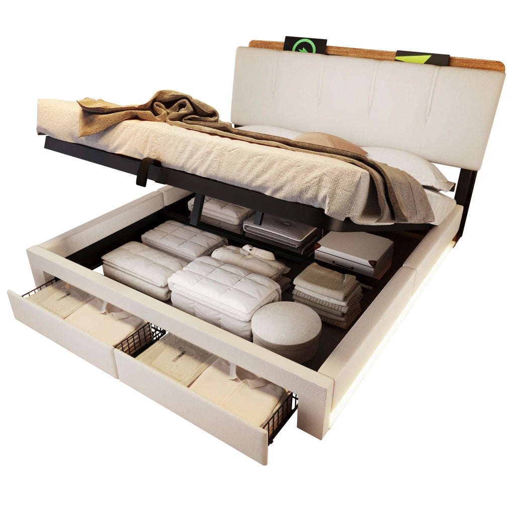 Letti contenitori 140x200 cm; con USB e LED; lino beige (Senza materasso)