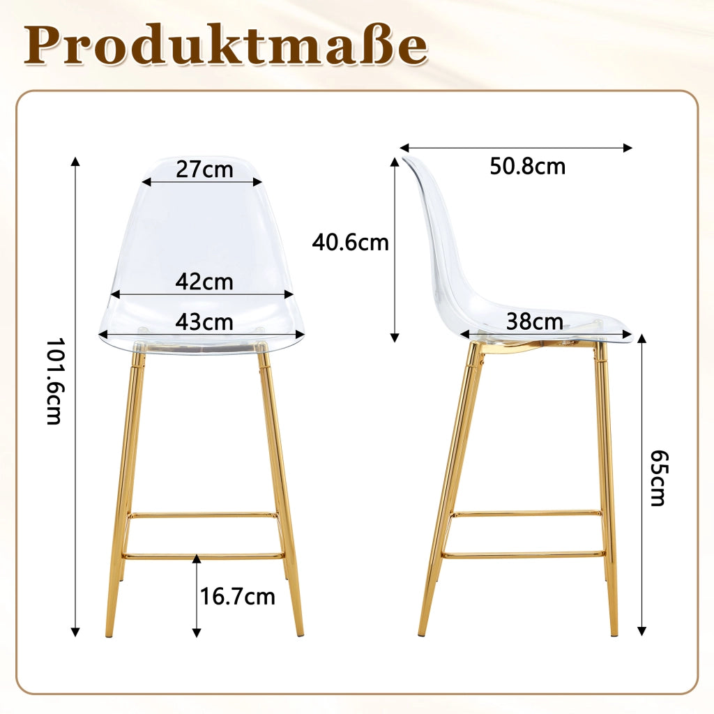 Sgabello da bar trasparente con struttura in metallo e poggiapiedi, design moderno oro 66,5 × 48,0 × 37,0 cm