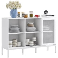 Mobile Buffet con 4 Ripiani Aperti e Armadietto, in Truciolato e Acciaio, 120x37x81.5 cm, Bianco