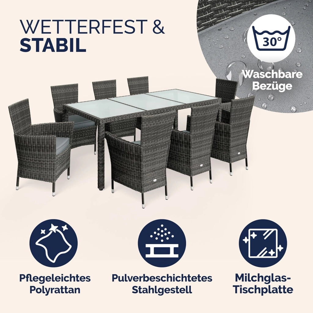® Mobili da Giardino Polyrattan 8 Sedie Impilabili 190x90cm Tavolo da Giardino Vetro Resistente alle Intemperie Esterno Moderno Terrazza