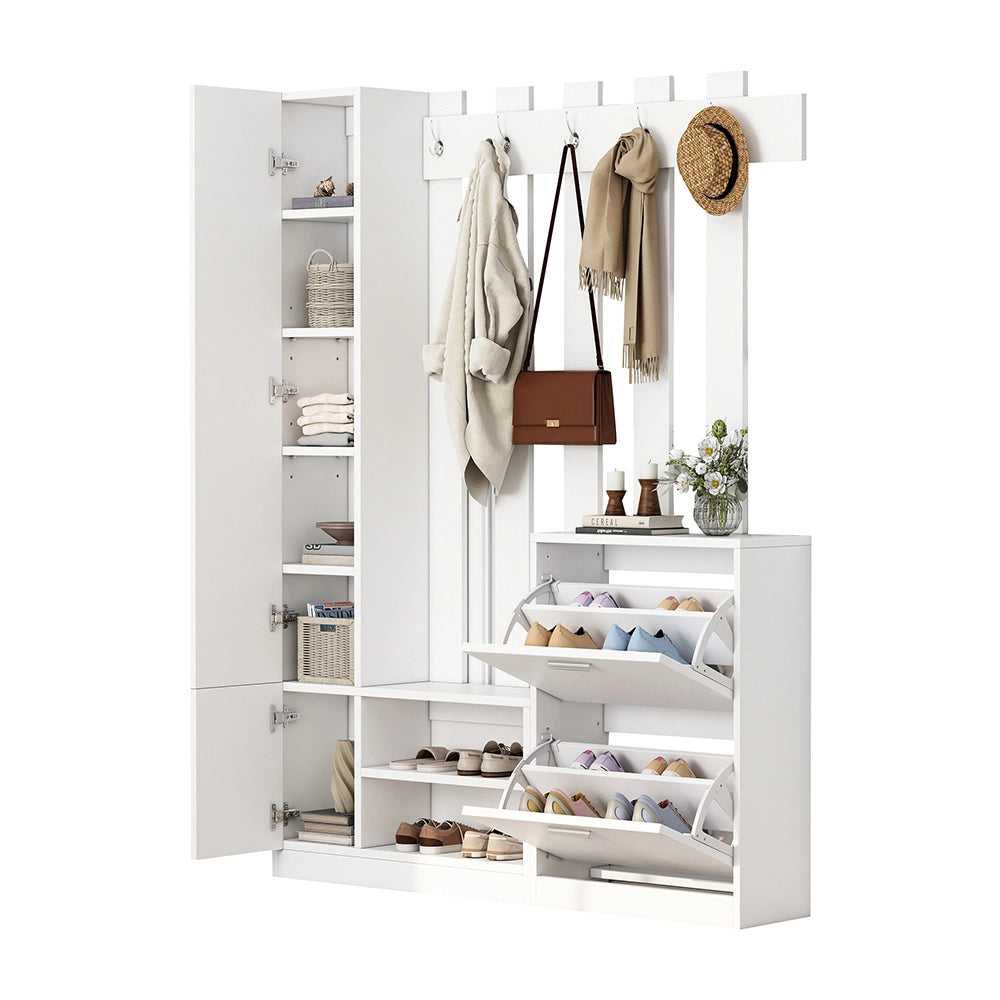 Vestiaire con specchio - Xylo - 135x25x180cm - Bianco - Compatto con 2 armadietti scarpe e 2 armadi