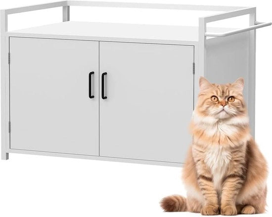 Cassetta per gatti a forma di gatto con ingresso laterale multifunzionale, 2 porte, chiusura magnetica, struttura in acciaio, dimensioni 75 x 55 x 51 cm - bianca