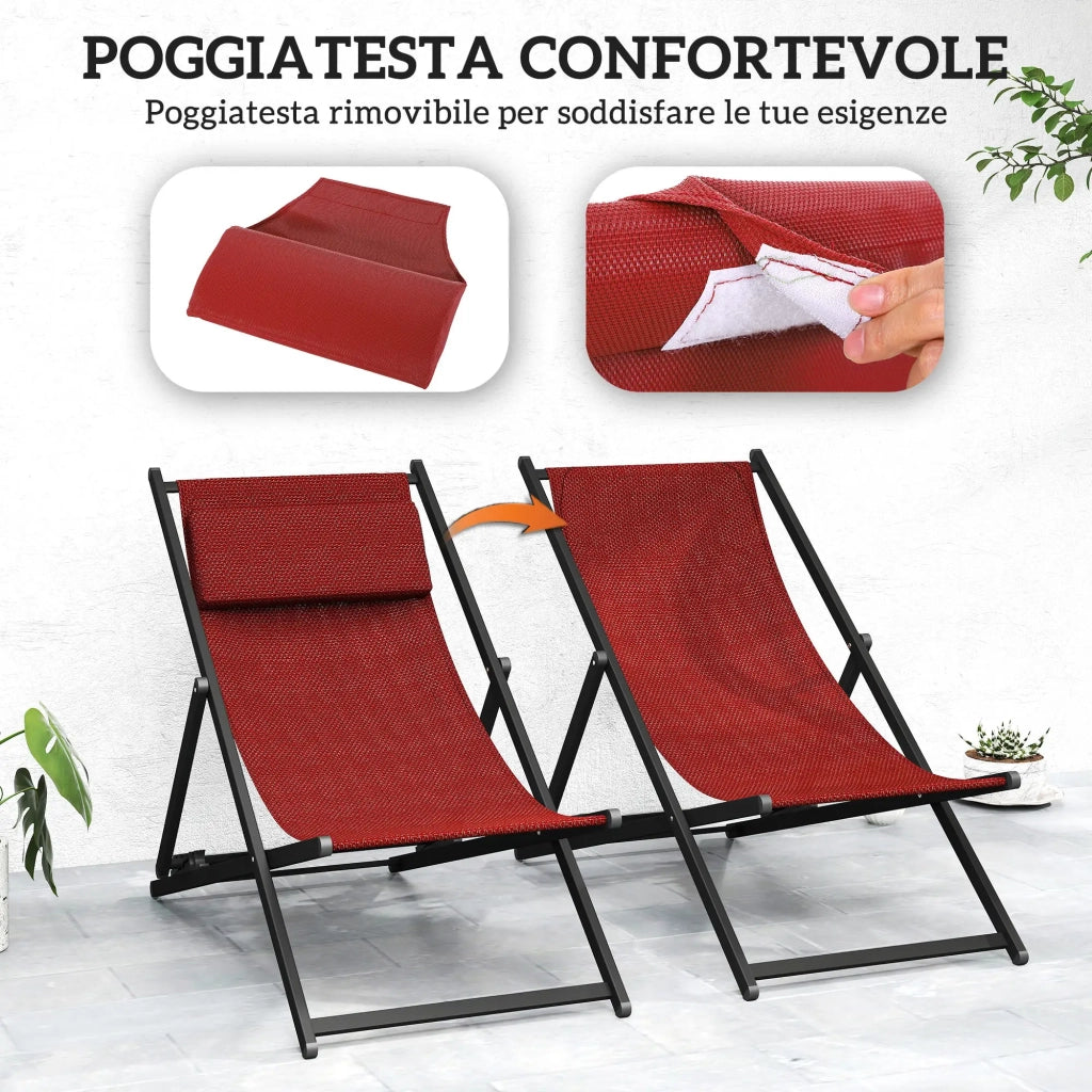 Set 2 Sedie Sdraio Pieghevoli in Alluminio 96,35x58x91,5 cm  Rex Rosso
