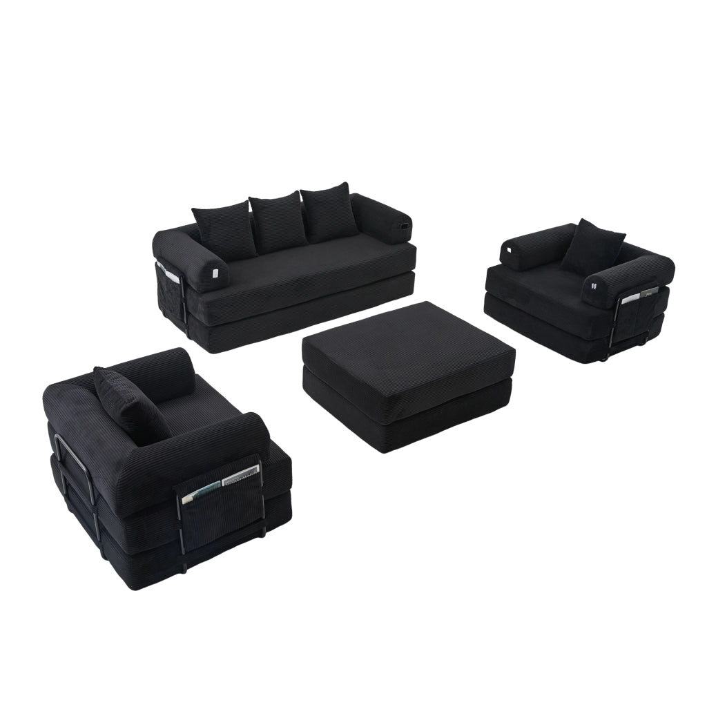 Divano modulare in corduroy nero con pouf, struttura in metallo, tasca laterale e 3 cuscini
