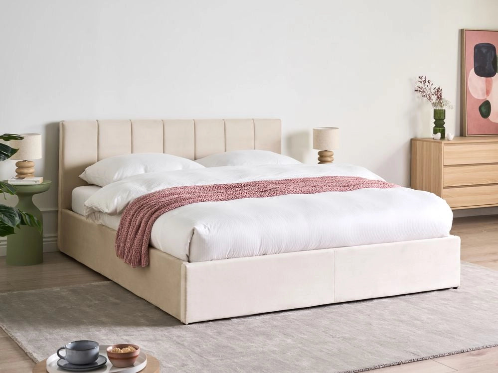 Letto contenitore Rivestimento in velluto beige 160 x 200 cm con testiera a doghe