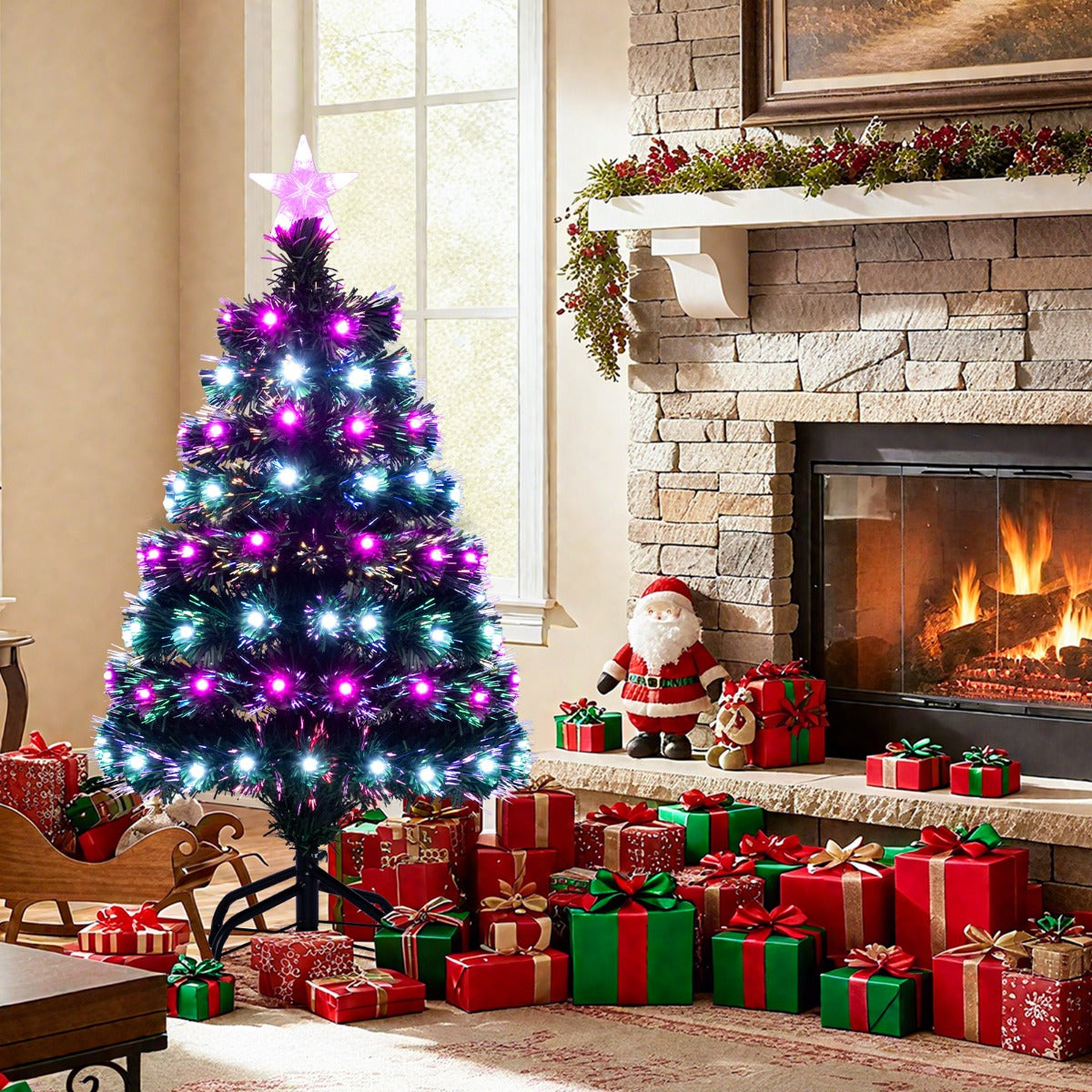 Albero di natale artificiale illuminato con fibre ottiche multicolore, Albero di natale stella sulla cima-Alberi di Natale