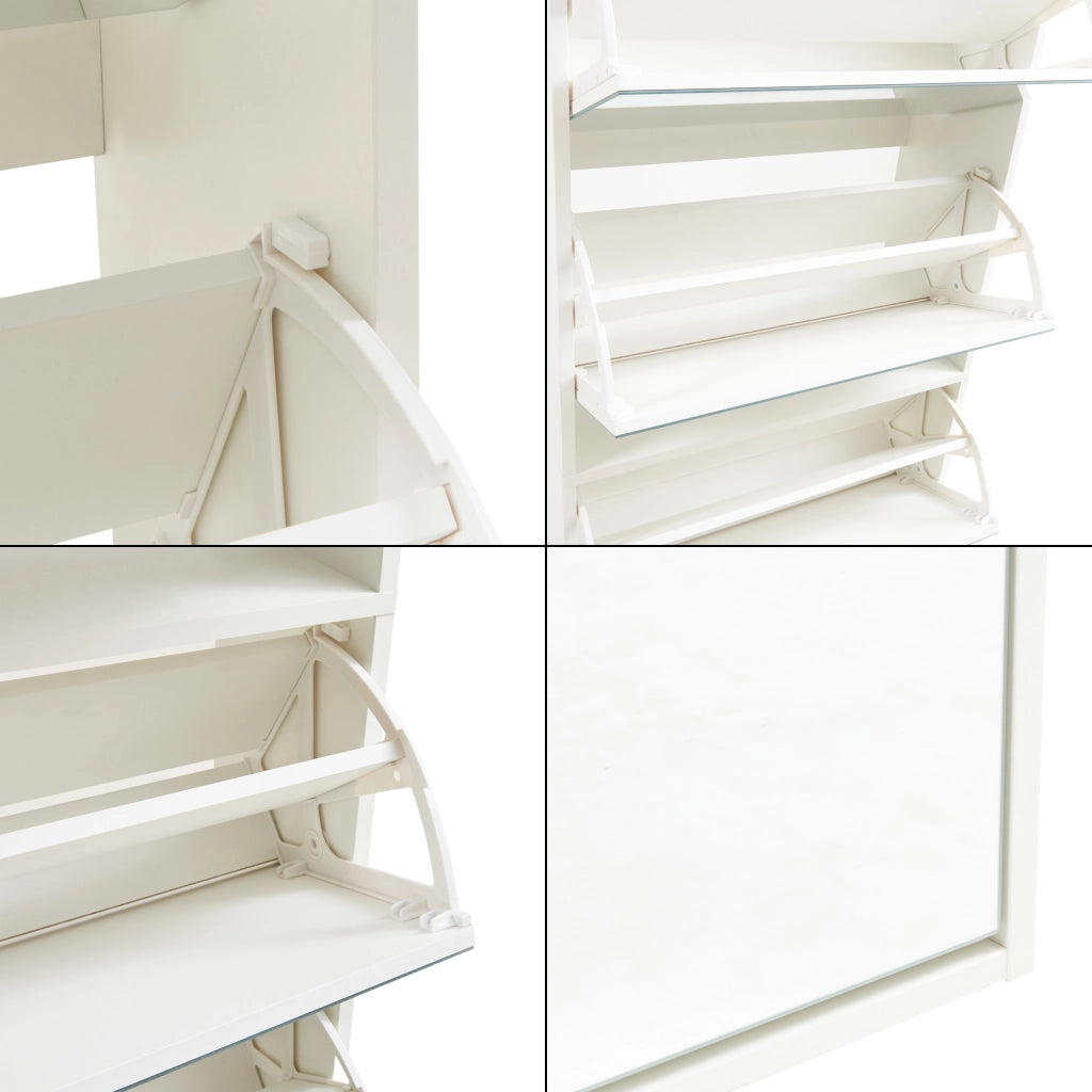 Scarpiera Stretta Lund con Ante a Specchio e 4 Contenitori Ribaltabili - Bianco [en.casa]