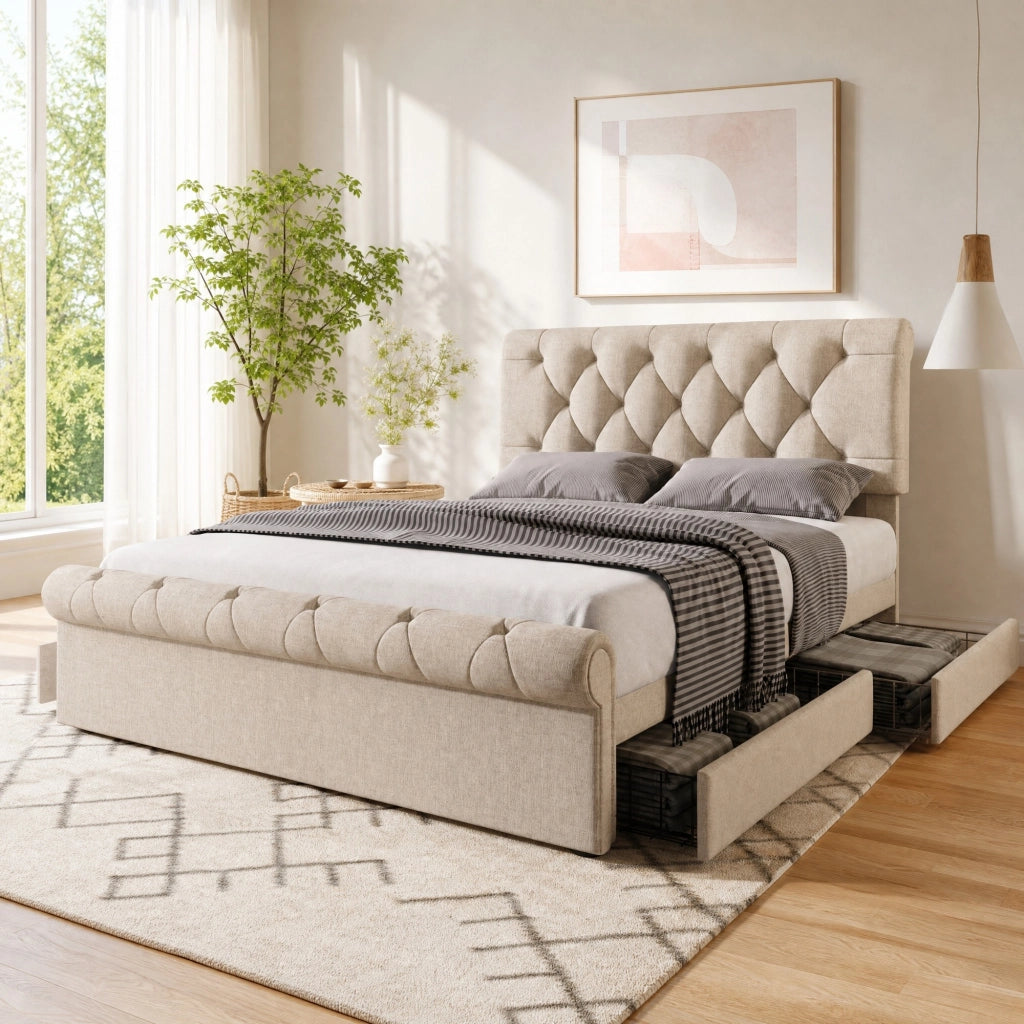 Letto imbottito 140x200 cm con 4 cassetti, testiera regolabile, stile Chesterfield, color naturale, con materasso