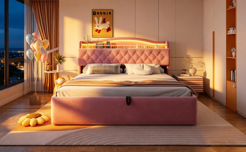 DESMIU Letto contenitore 180 × 200 cm 2 posti con vano idraulico, USB, USB-C e senza materasso, rosa