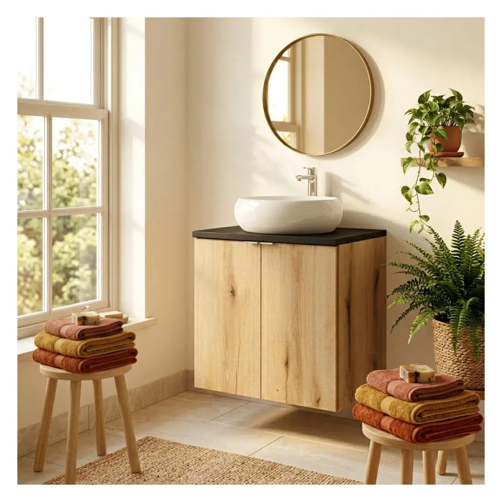 Set da bagno sospeso VANO in rovere e nero 60cm: mobile sottolavabo con armadietti + piano per lavabo