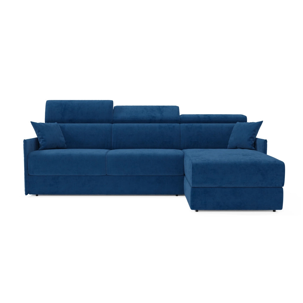 Miryam divano letto angolare compatto - poggiatesta reclinabili e penisola contenitore in tessuto smacchiabile T31 272 cm sinistro blu