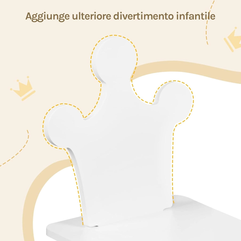 Set Tavolino Bambini e 2 Sedie con Schienale a Forma di Corona, Scrivania Cameretta per Asilo, in MDF + Legno, Bianco + Rovere Chiaro