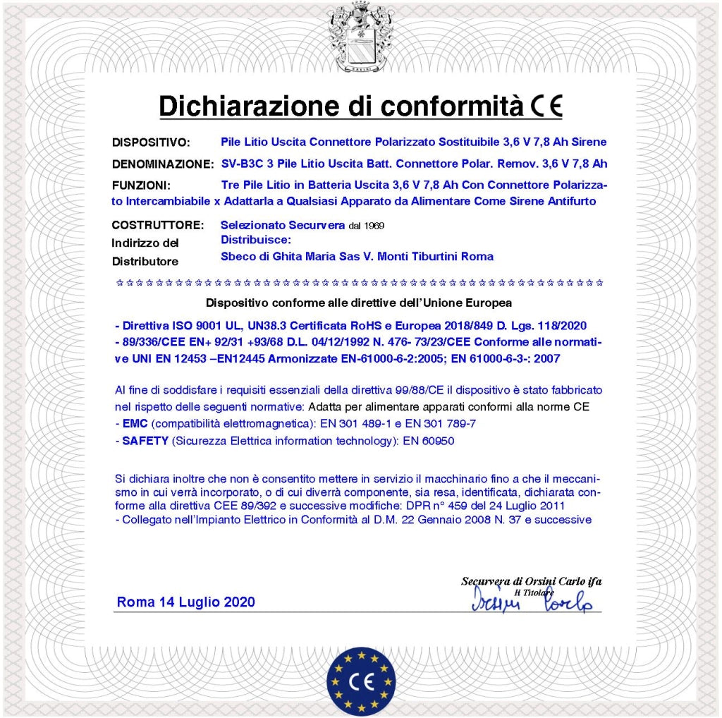 ER14505H Pacco 3 Pile litio Non Ricaricabili in Batteria Uscita 3,6 V 7,8 Ah Connettore Polarizzato Ricambio Sirena Sensore Securvera Altri Dimensioni H45XL52S15 mm Pronta all'Uso Direttiva ISO 9001