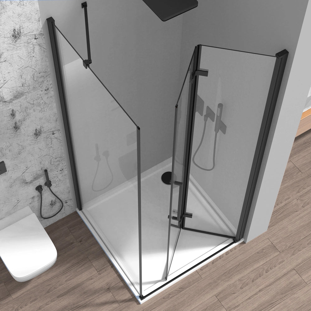 Box doccia angolare a soffietto 80x70 in vetro temperato trasparente con profili nero opaco Neos