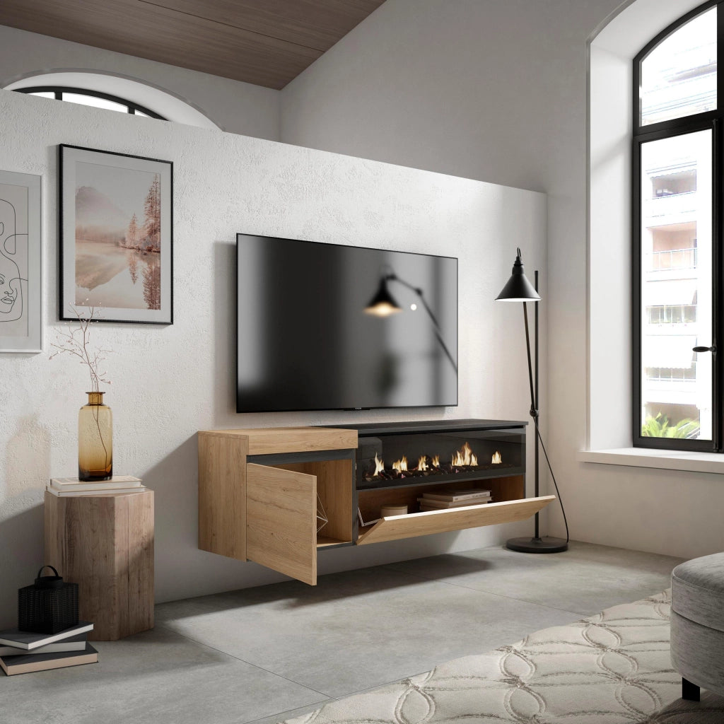 Mobile TV Soggiorno, 150x35x45cm, Per TV fino a 65", Camino elettrico, da appendere, colore Rovere e nero RF2438