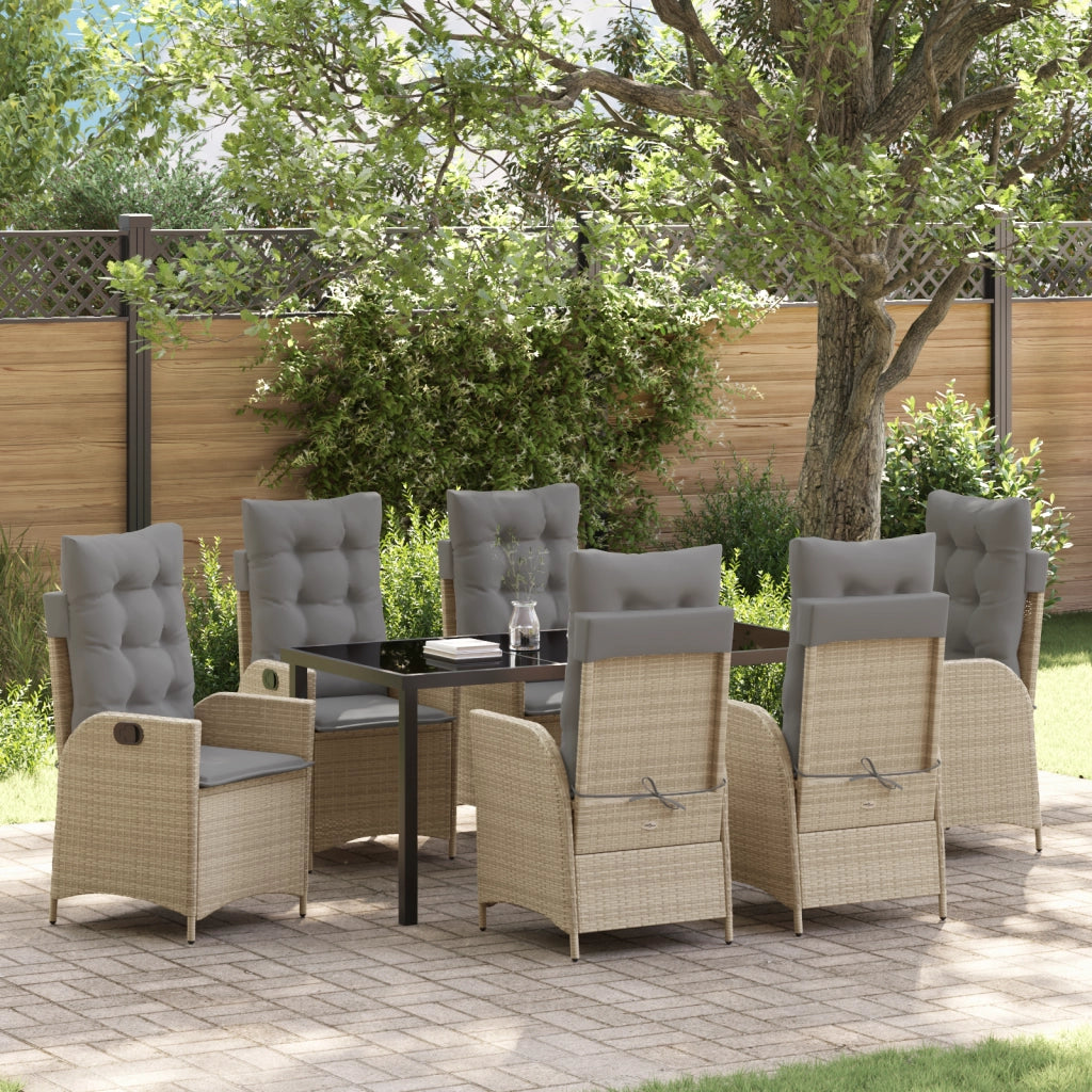 Set da Pranzo da Giardino da 7 Pezzi con Cuscini Beige in Polirattan