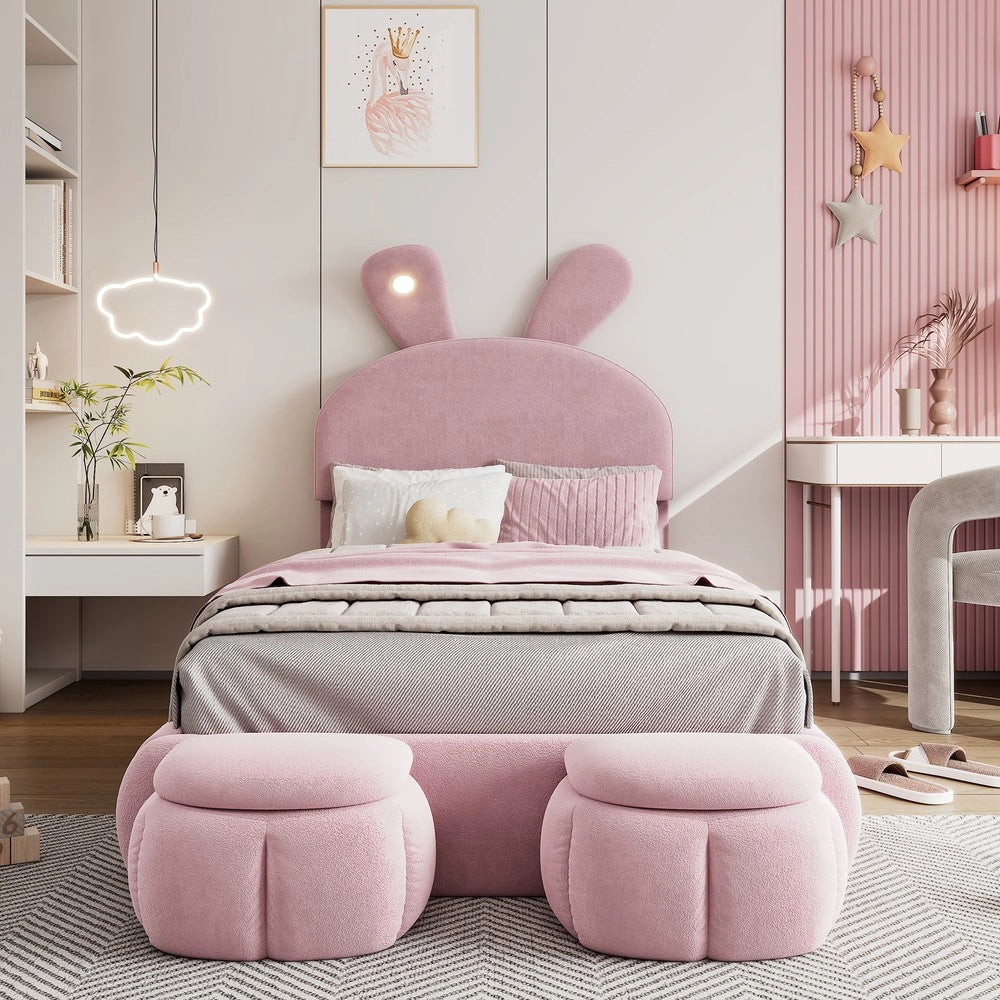 Letto Singolo Bambini con Cassetti e LED ¨C Xylo ¨C Velluto Rosa 90x200