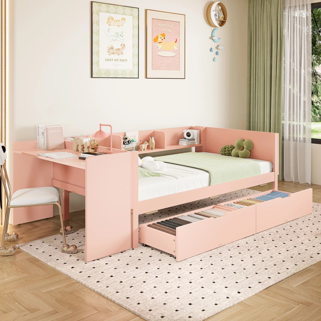 Letto basso con scrivania in pino e truciolare 90x200 cm