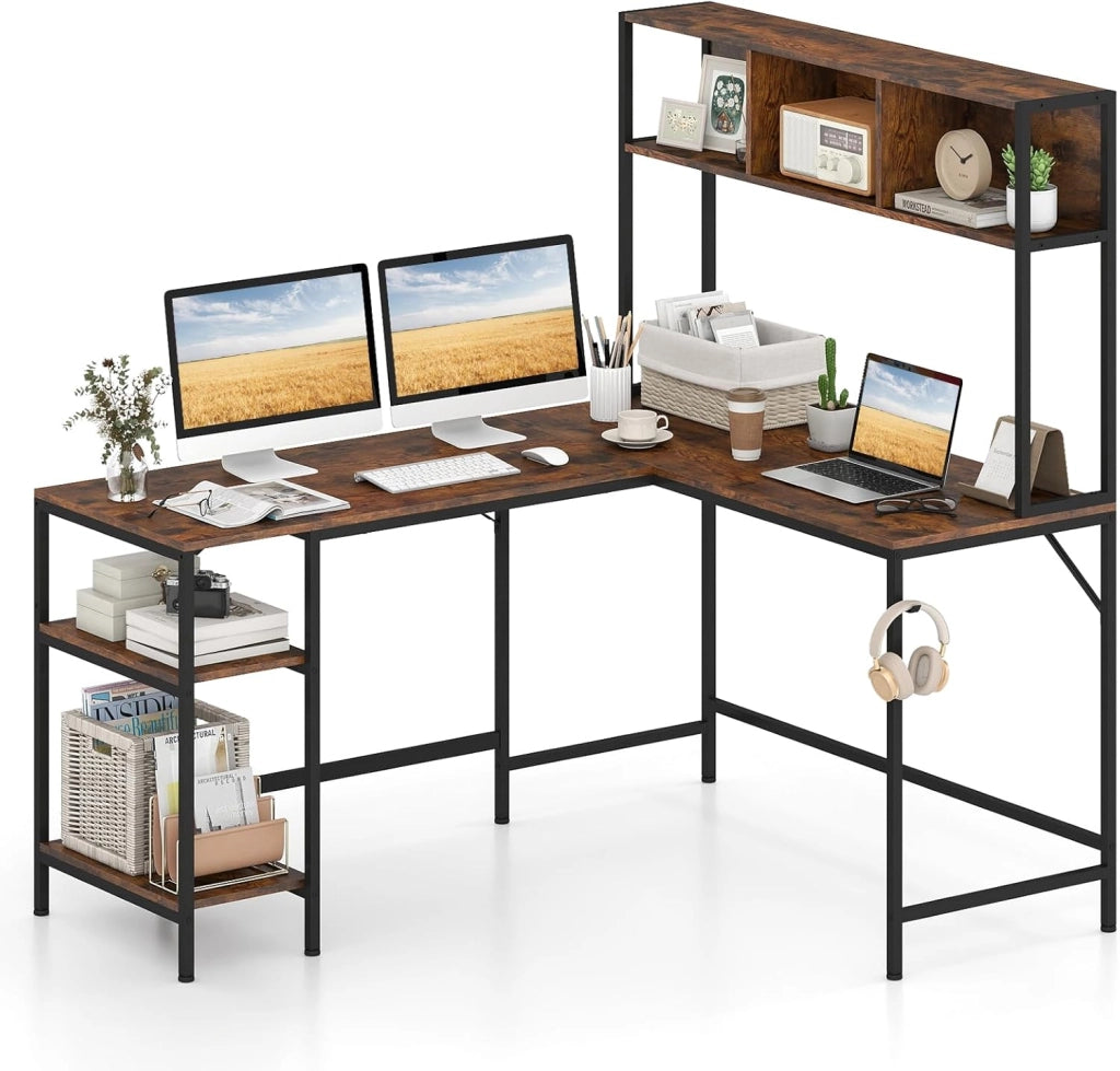 Scrivania a Forma di L con Libreria, Ripiani e Gancio per Cuffie, Scrivania Angolare in Legno con Robusto Telaio in Metallo, Scrittoio per Computer per Soggiorno, Studio e Ufficio (Marrone)