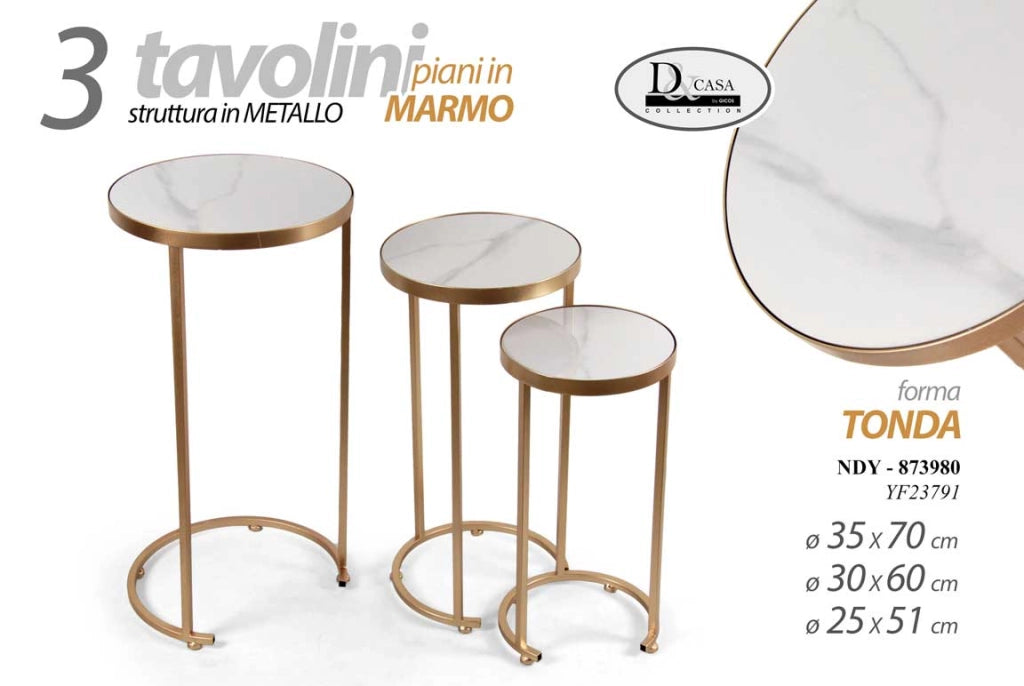 SET 3 TAVOLINI TONDI DA ARREDO H70/60/51CM EFFETTO MARMO BIANCO E ORO