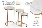 SET 3 TAVOLINI TONDI DA ARREDO H70/60/51CM EFFETTO MARMO BIANCO E ORO