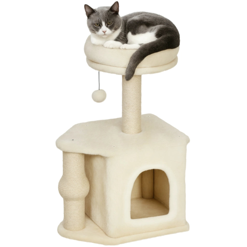 Albero per Gatti 66cm ¨C Xylo ¨C con cuccia, piattaforma, palla pendente e palo in iuta beige