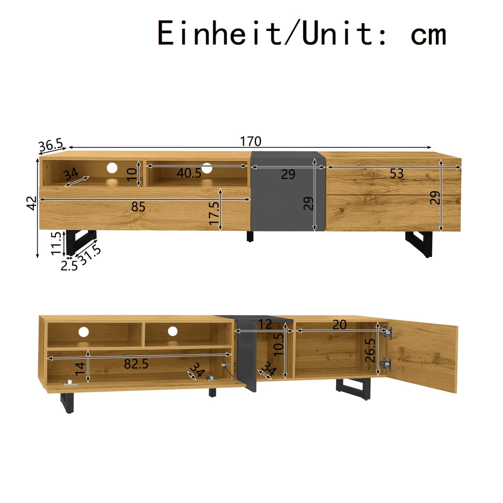 Mobile TV con 3 Ante e 2 Vani Aperti; Gambe in Metallo; per Soggiorno; in Truciolato; 170×42×36.5 cm