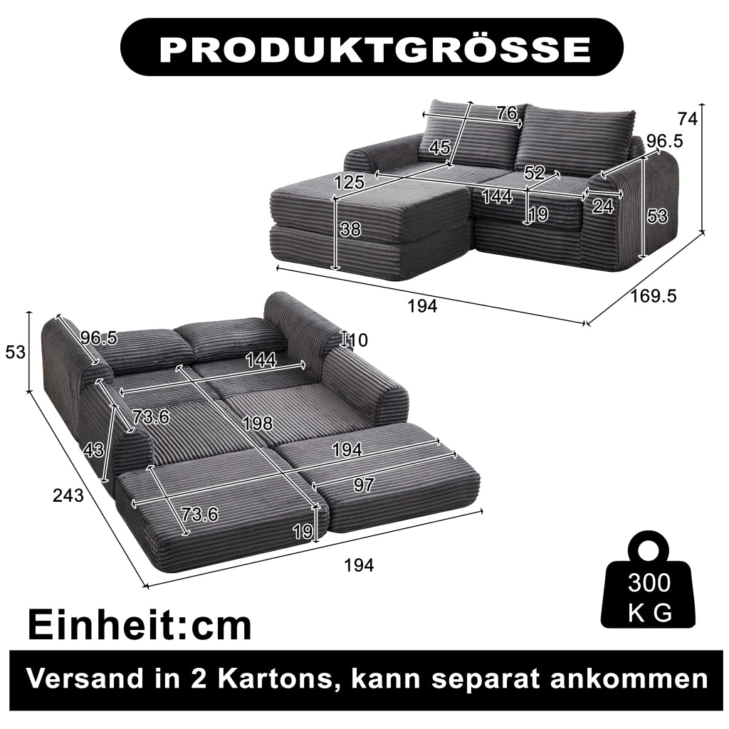 Divano letto modulare in velluto a coste con chaise longue rimovibile e braccioli curvi grigio per soggiorno e relax