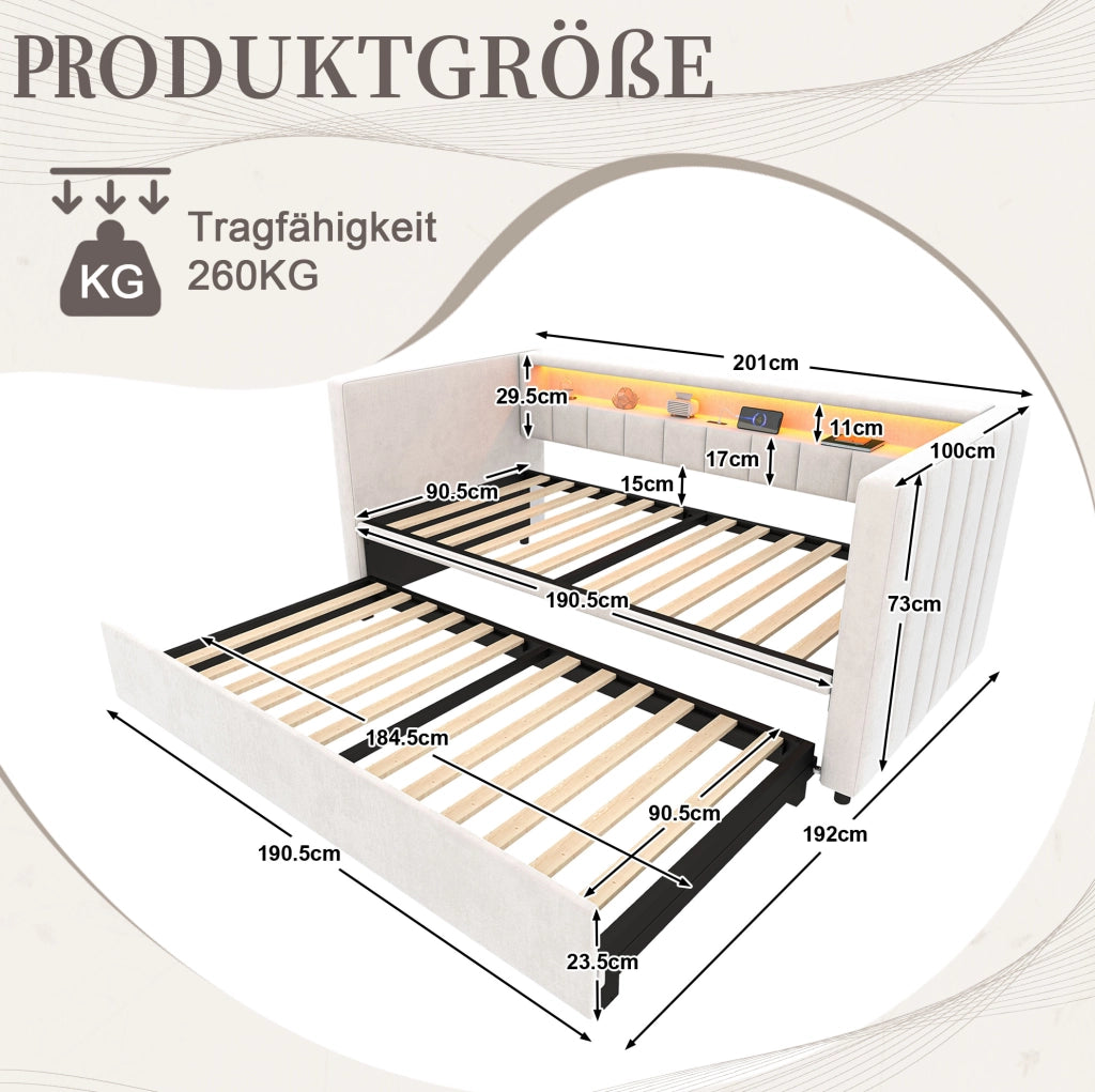 Divano letto estraibile 90x190 cm in velluto beige con LED; USB Type-C e struttura legno-metallo