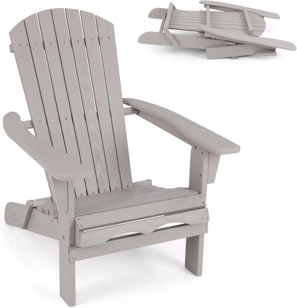 Sedia Adirondack Pieghevole, Sedia da Giardino in Legno di Abete, Poltrona Prendisole con Schienale Alto, Portata 180 kg, 89 x 71 x 94 cm (89 x 71 x 94 cm,Grigio,1)