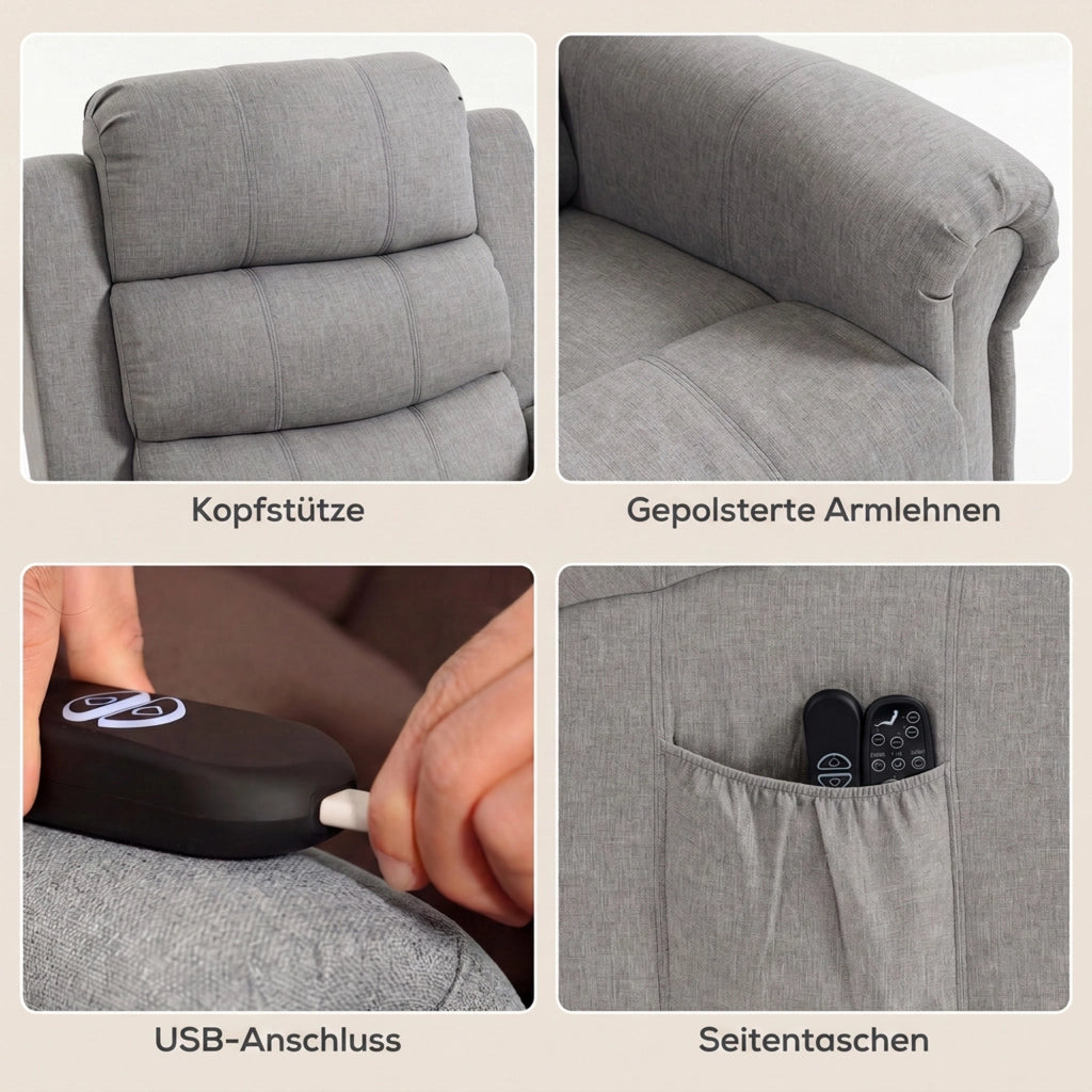 Fernsehsessel Elektrisch mit Aufstehhilfe Massage & Heizung Hellgrau