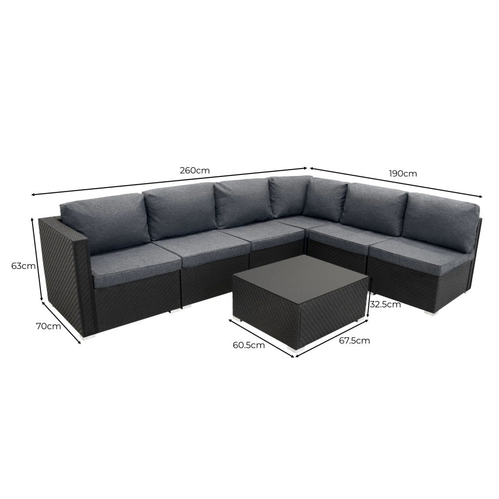Set Divani Rattan Nero 7 Pezzi da Giardino con Cuscini e Tavolino