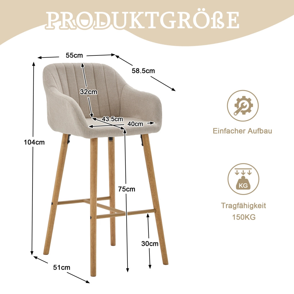 Set 2 Sgabelli da Bar con Schienale Alto e Braccioli ¨C MINIMAL ¨C Seduta in Tessuto Lino, Gambe in Legno