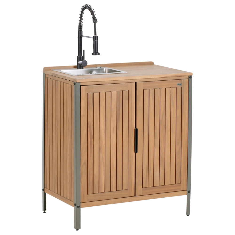 Mobile da cucina per esterni marrone con lavello in legno d'acacia nero con lavello 2 ripiani 2 ante 50 x 80 x 92 cm Giardino Cucina Pranzo