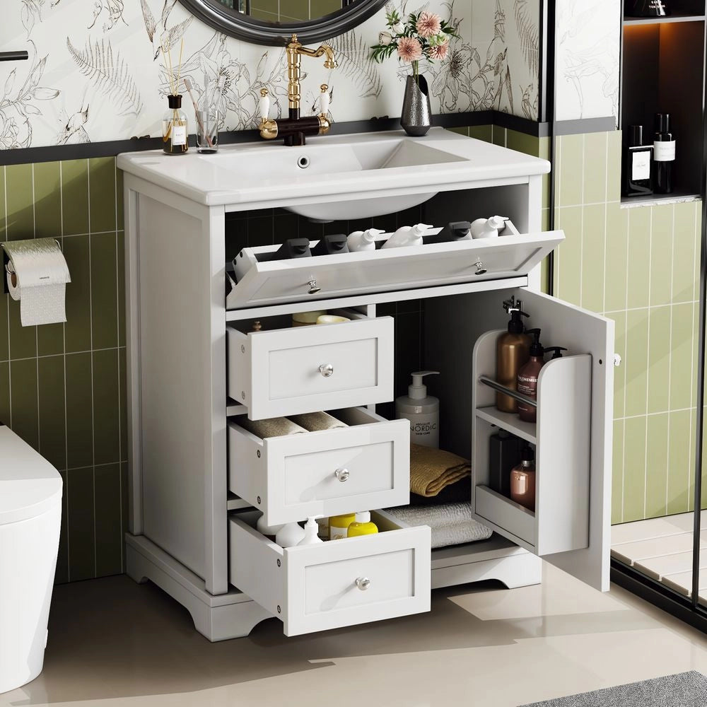 Mobile bagno con lavabo - Xylo - 76x46x87cm - Bianco - 3 cassetti chiusura morbida, ripiani porta, lavabo ceramica integrato