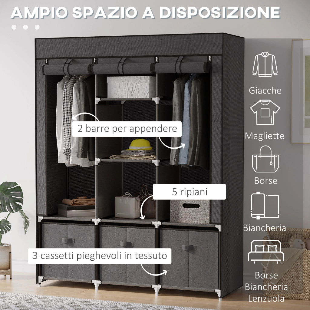 Armadio in Tessuto Pieghevole con Cassetti e Ante ¨C zephmum ¨C Grigio Scuro 125x43x162.5cm