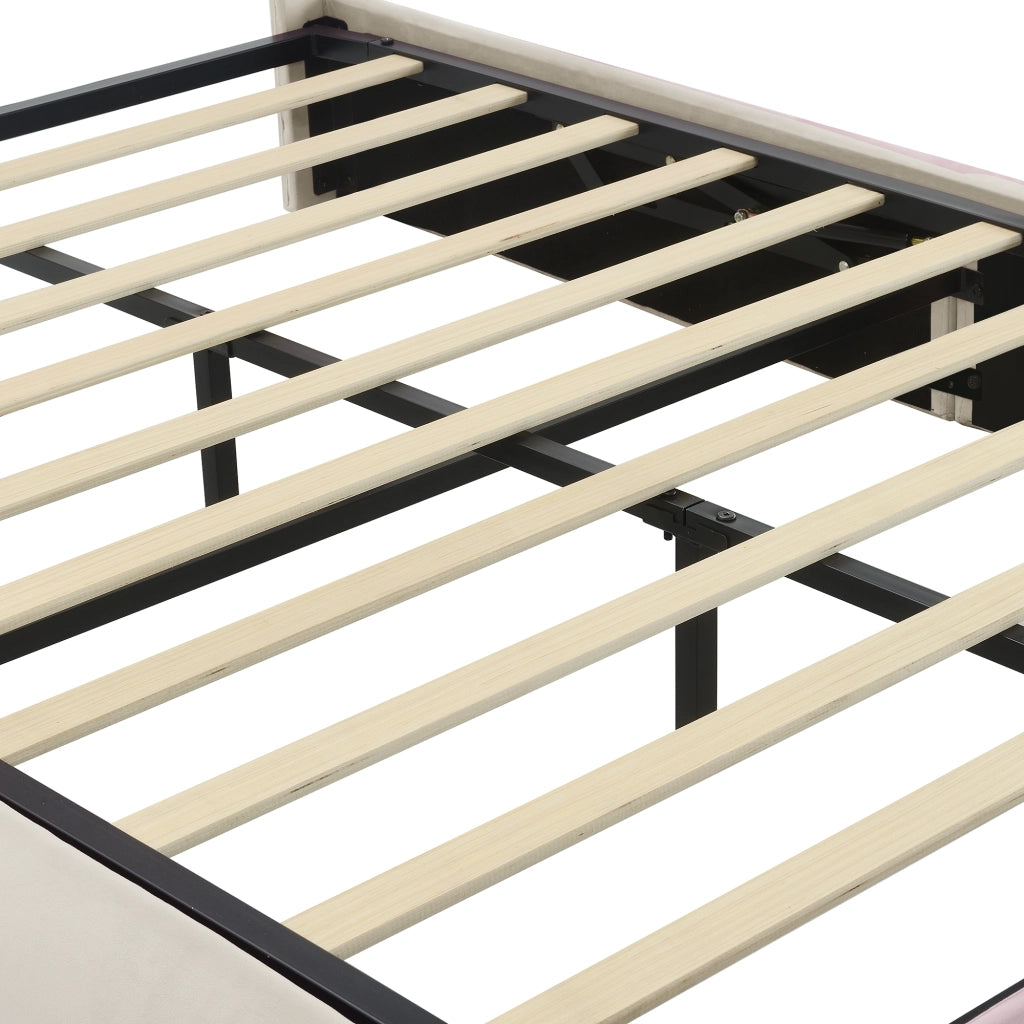 Letto contenitore 140 × 200 cm idraulico imbottito in velluto beige con LED regolabile e due pouf contenitore