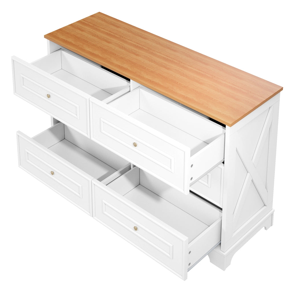 Sideboard 120x40x76 cm con 6 cassetti; motivo rustico; in MDF e truciolato; bianco e naturale