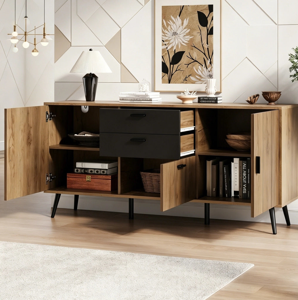 Credenza Sideboard con 2 Cassetti, 3 Ante e Piano Ampio, 140 x 35 x 67 cm