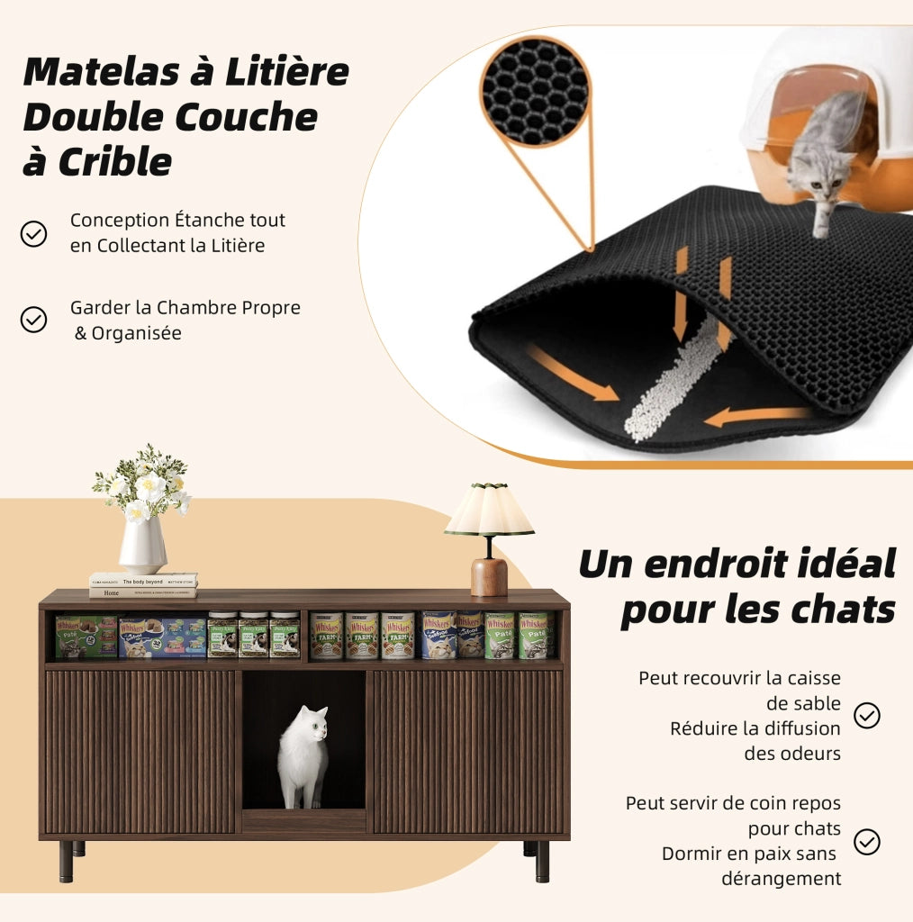 Mobile copriletteriera per gatti 120x50x66 cm con ripiani e tappetino raccogli sabbia; noce