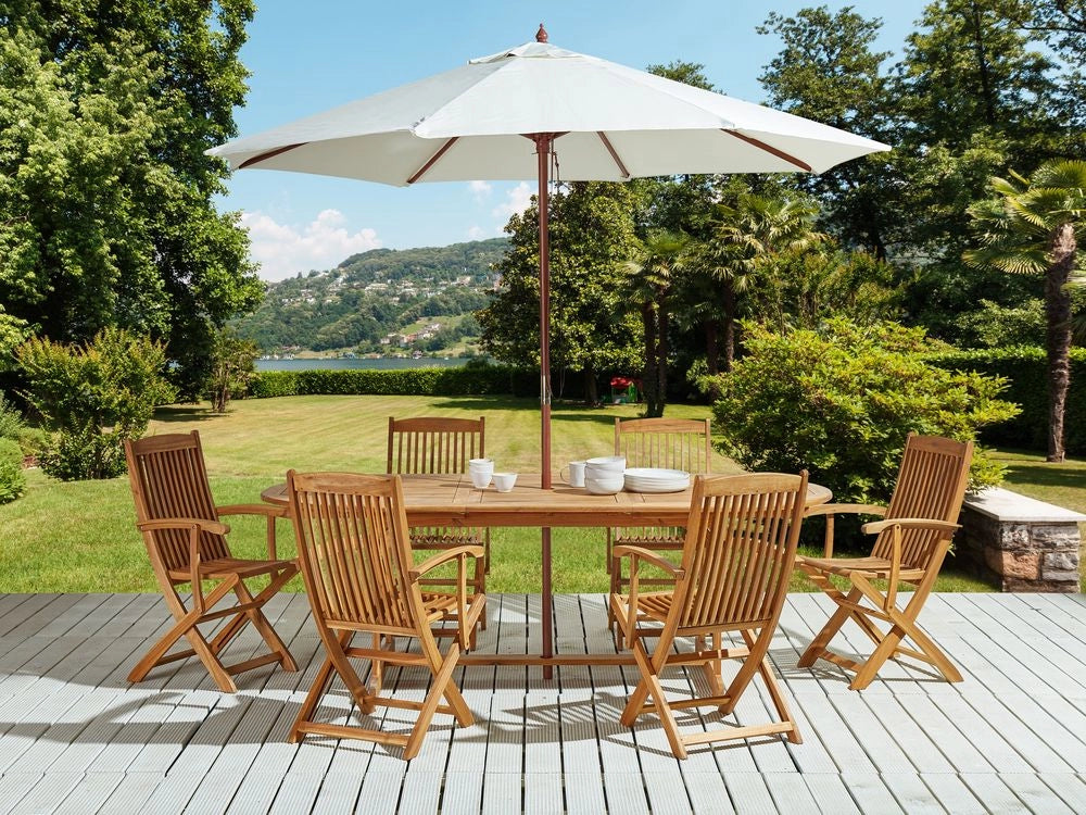 Set da pranzo per esterni in legno di acacia chiaro tavolo da 6 posti con ombrellone sedie pieghevoli design rustico