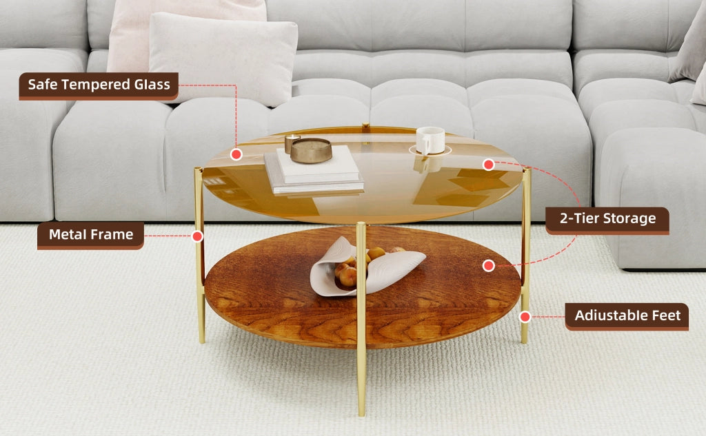 Tavolino basso con piano in vetro temperato dorato e base in legno a due livelli, per soggiorno, 82 × 45 cm