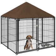 Recinto per Cani in Metallo e Tessuto Oxford con Porticina per Ciotole, 141x141x151 cm, Nero e Marrone