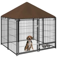 Recinto per Cani in Metallo e Tessuto Oxford con Porticina per Ciotole, 141x141x151 cm, Nero e Marrone