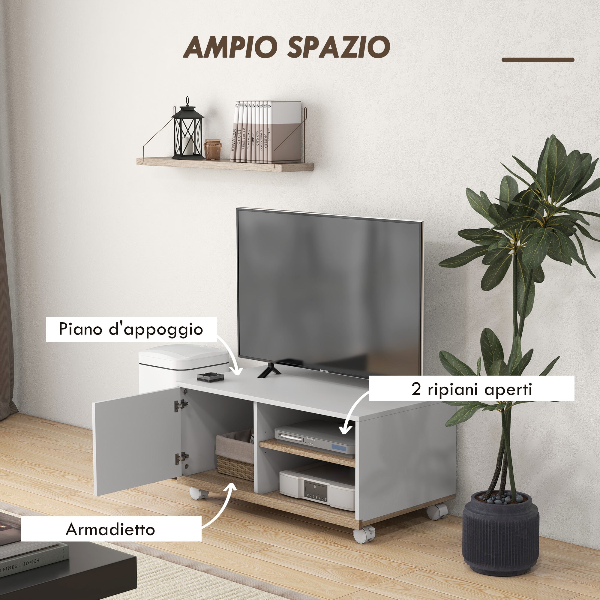 Mobile TV 42" Max con 2 Ripiani Aperti e Anta e Ruote 80x45x39.5 cm in Truciolato Bianco